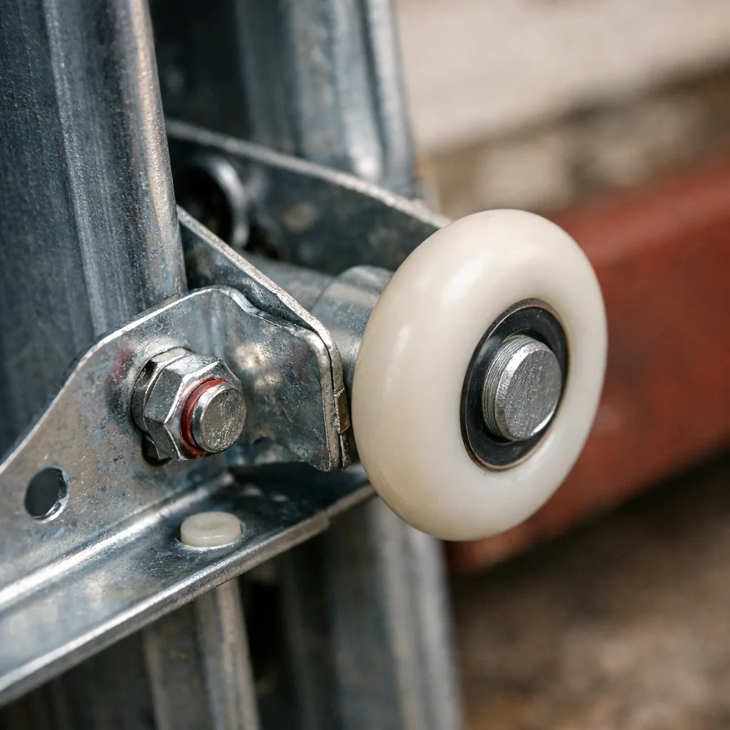 Close-up of a new set of nylon rollers seated in a steel track with fresh hinges