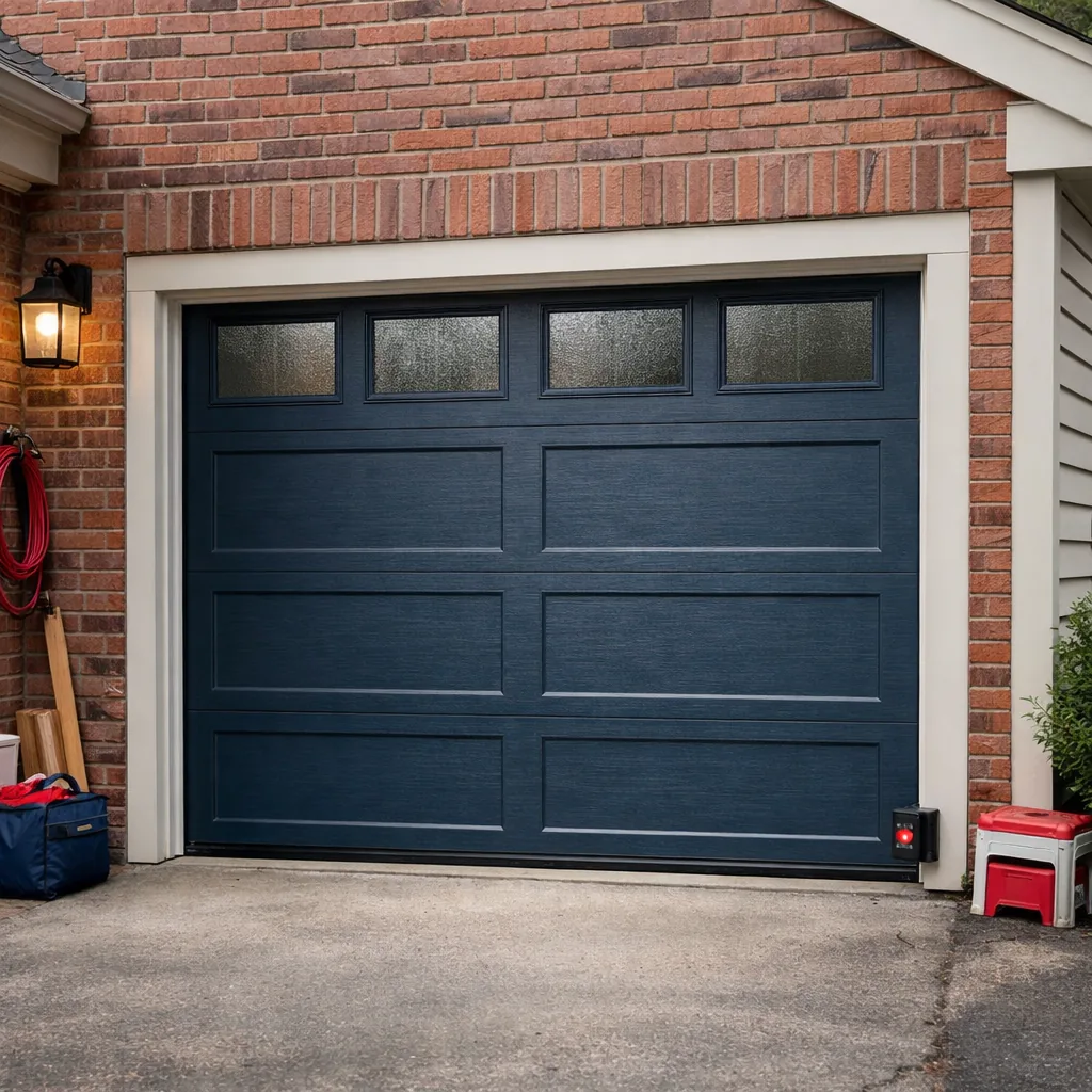 A garage door on a New England brick and clapboard house, closed and level after repair, with an aligned sensor visible at the base