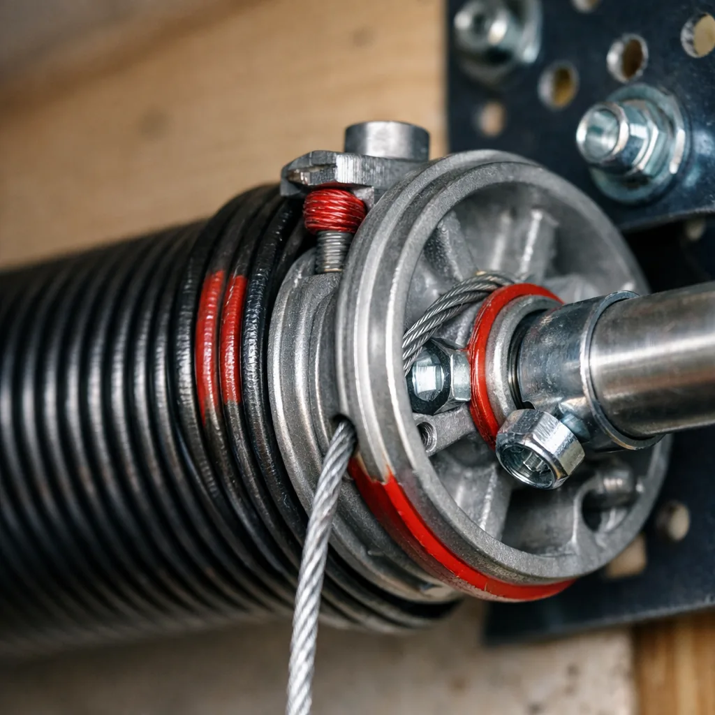 Close-up of a freshly installed torsion spring and cable drum with bright hardware and a clean bracket