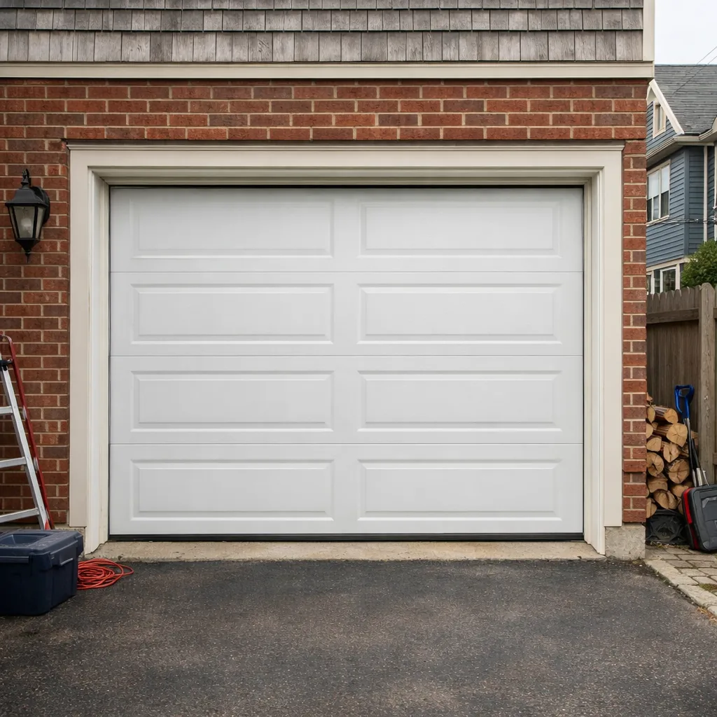 A repaired white garage door fully closed on a brick home in a Massachusetts city, with clean tracks and straight panels