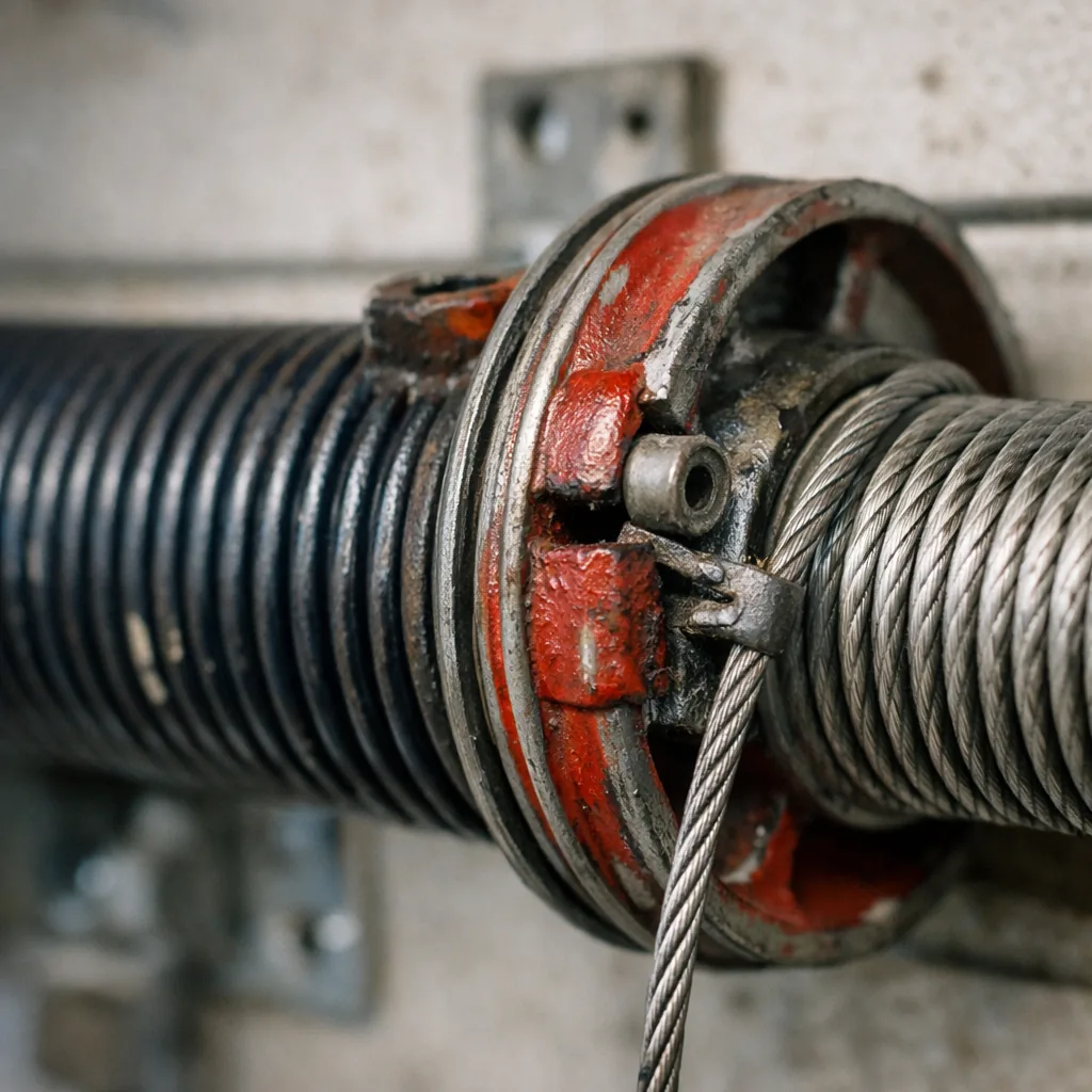 Close-up of a heavy-duty torsion spring and cable drum on a commercial door