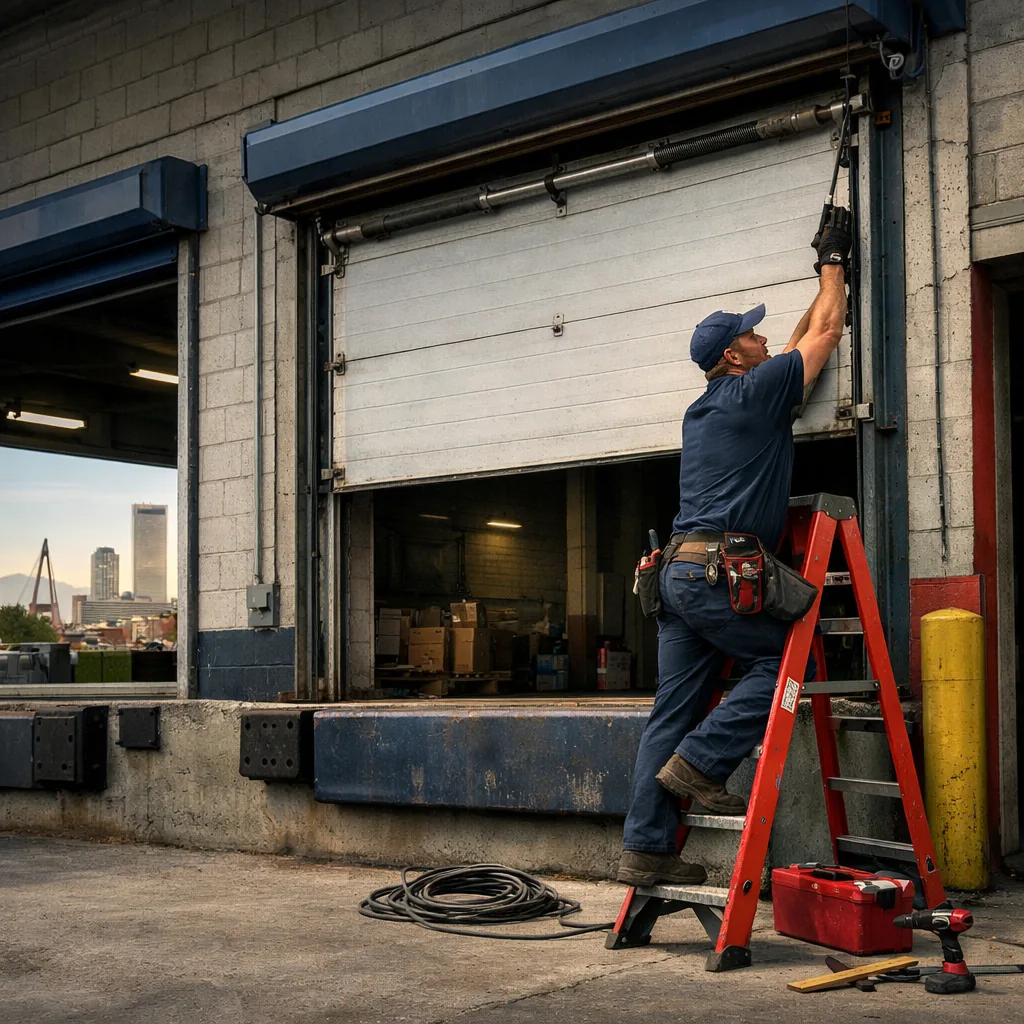 Wide shot of a contractor working on a large sectional overhead door at a warehouse loading bay