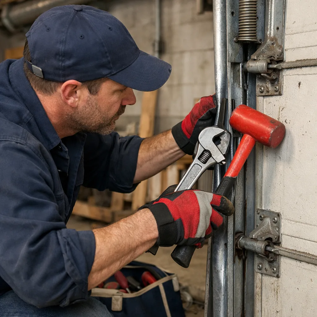 A contractor straightening a bent vertical track on a commercial overhead door