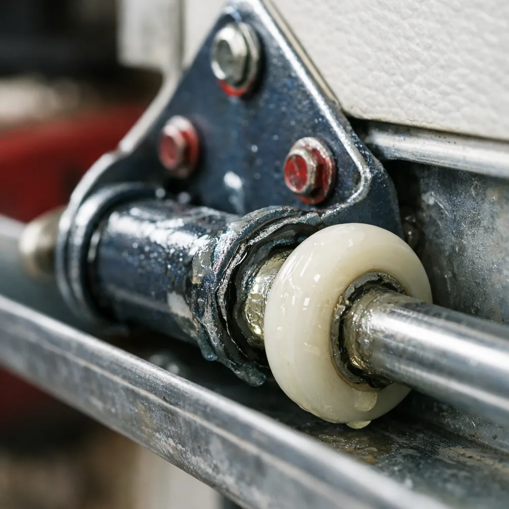 Close-up of a freshly lubricated garage door hinge and roller sitting in a clean steel track