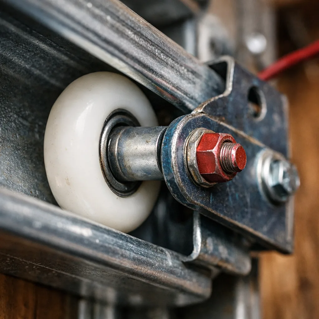 Close-up of a garage door roller sitting correctly inside a clean steel track with a tightened bracket