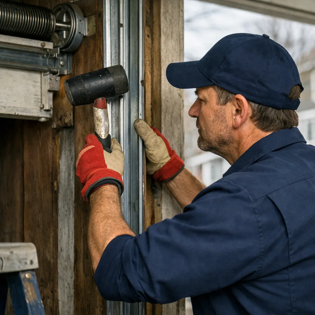 A contractor tapping a straightened vertical garage door track into alignment with a mallet