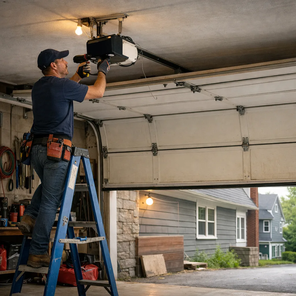 Wide shot of a contractor on a ladder mounting a ceiling-hung garage door opener over a closed residential garage door in a Boston-area home