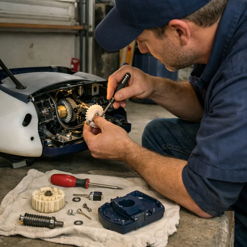 A contractor replacing the drive gear on a garage door opener, parts laid out on a cloth on the garage floor