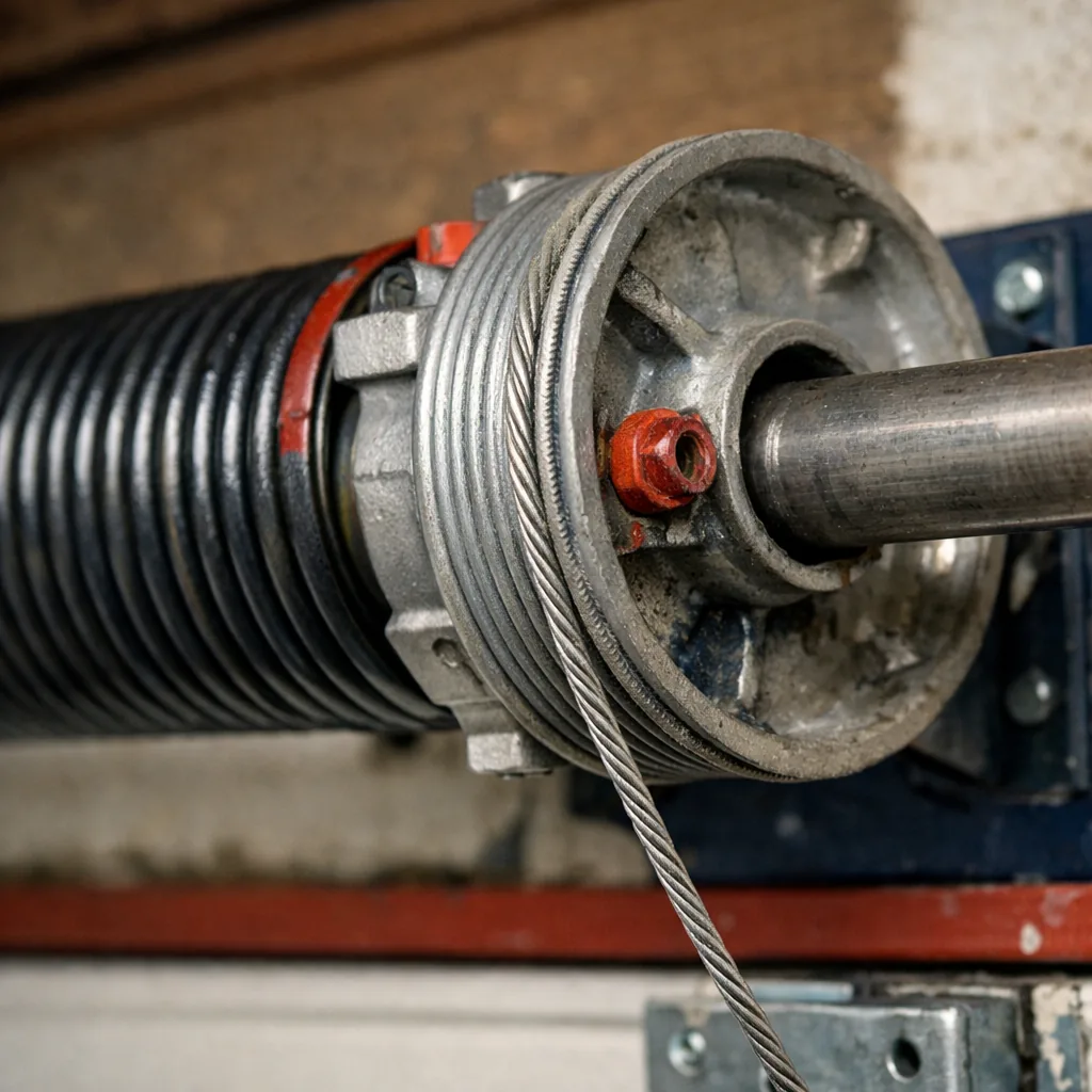 New spring and drum assembly: close-up of a new torsion spring and cable drum mounted on a steel shaft above a garage door