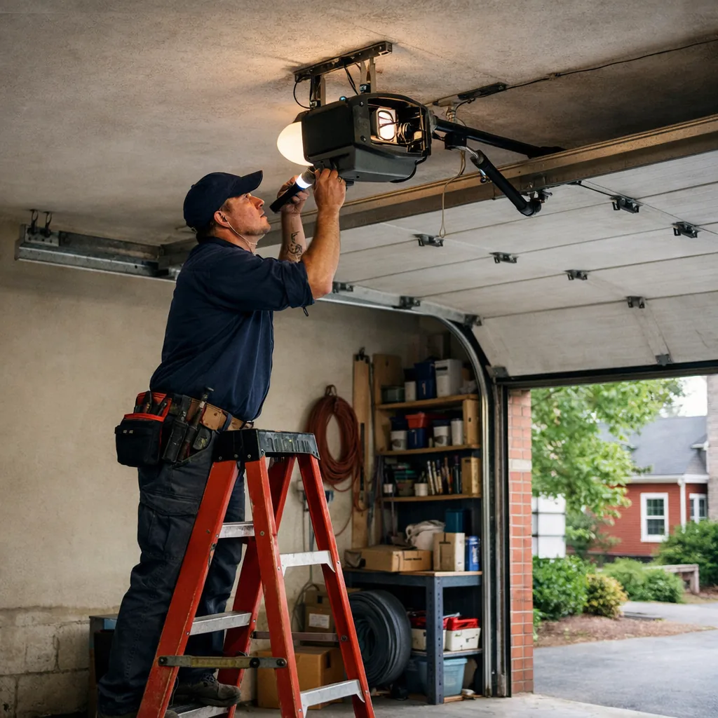 A contractor on a stepladder inspecting a ceiling-mounted garage door opener in a residential garage