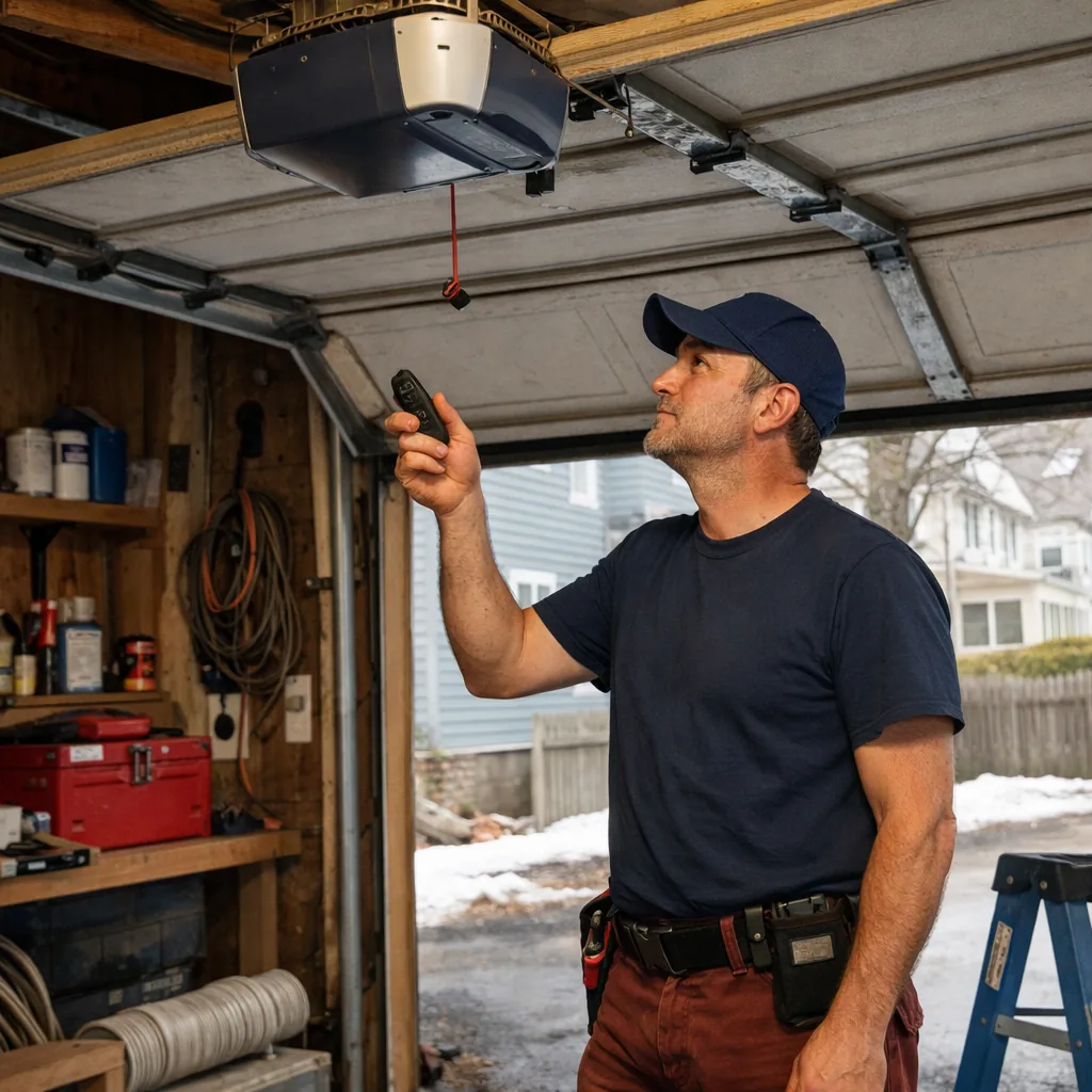 A contractor testing a garage door opener after a repair, standing in a residential garage with the door half open