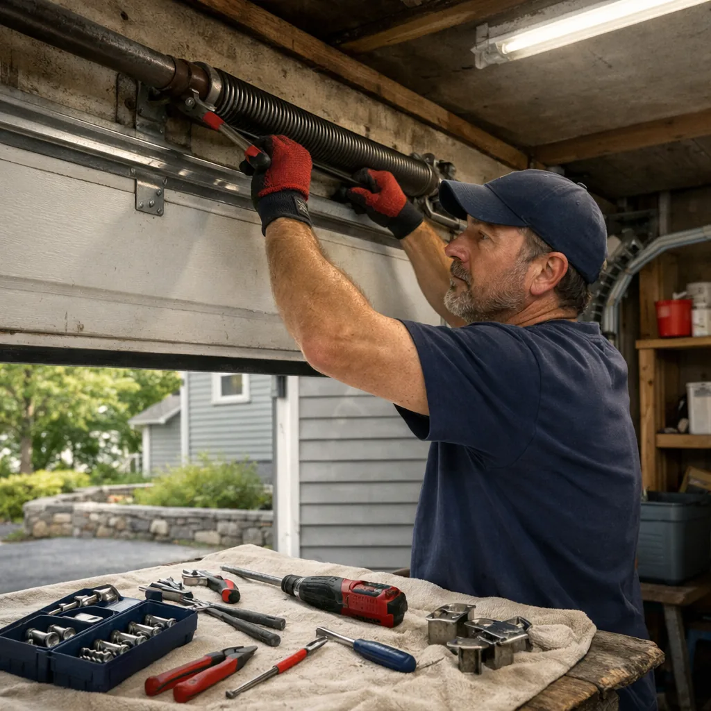 A contractor at work on a garage door spring in the garage of a residential home, tools laid out on a drop cloth