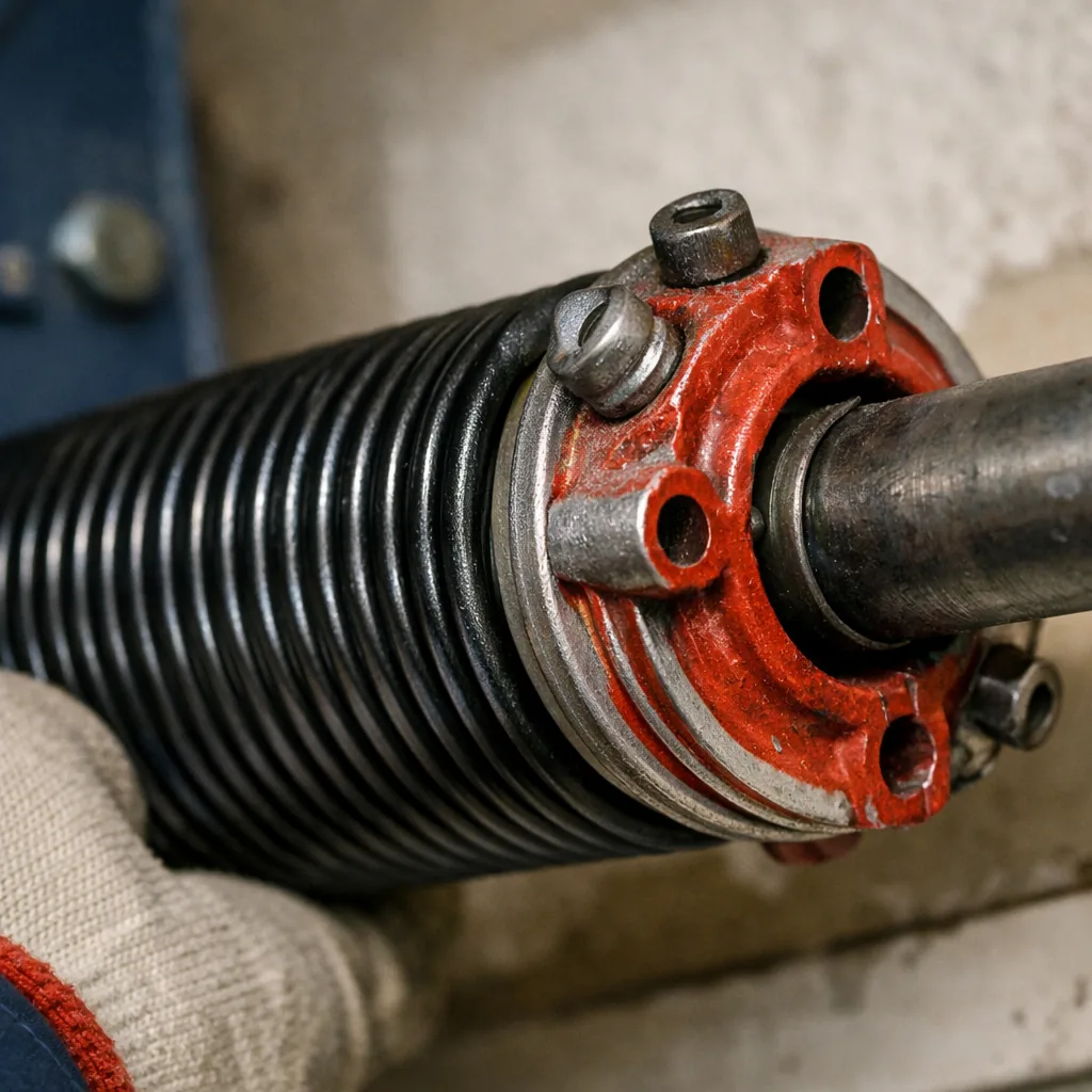 Close-up of a new torsion spring and winding cone on a residential garage door, mounted on the shaft above the opening