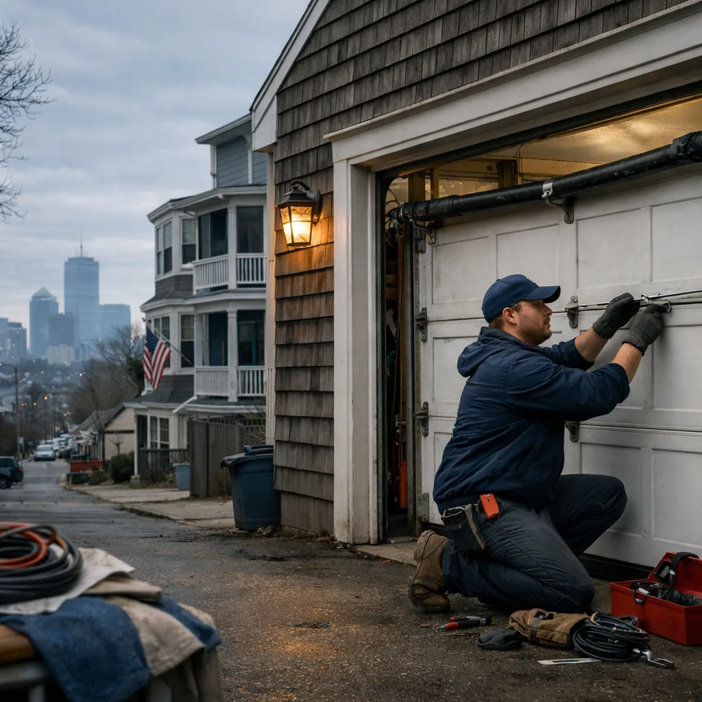A contractor kneeling beside a residential garage door in a Boston neighborhood, adjusting the torsion spring above the door on an overcast morning