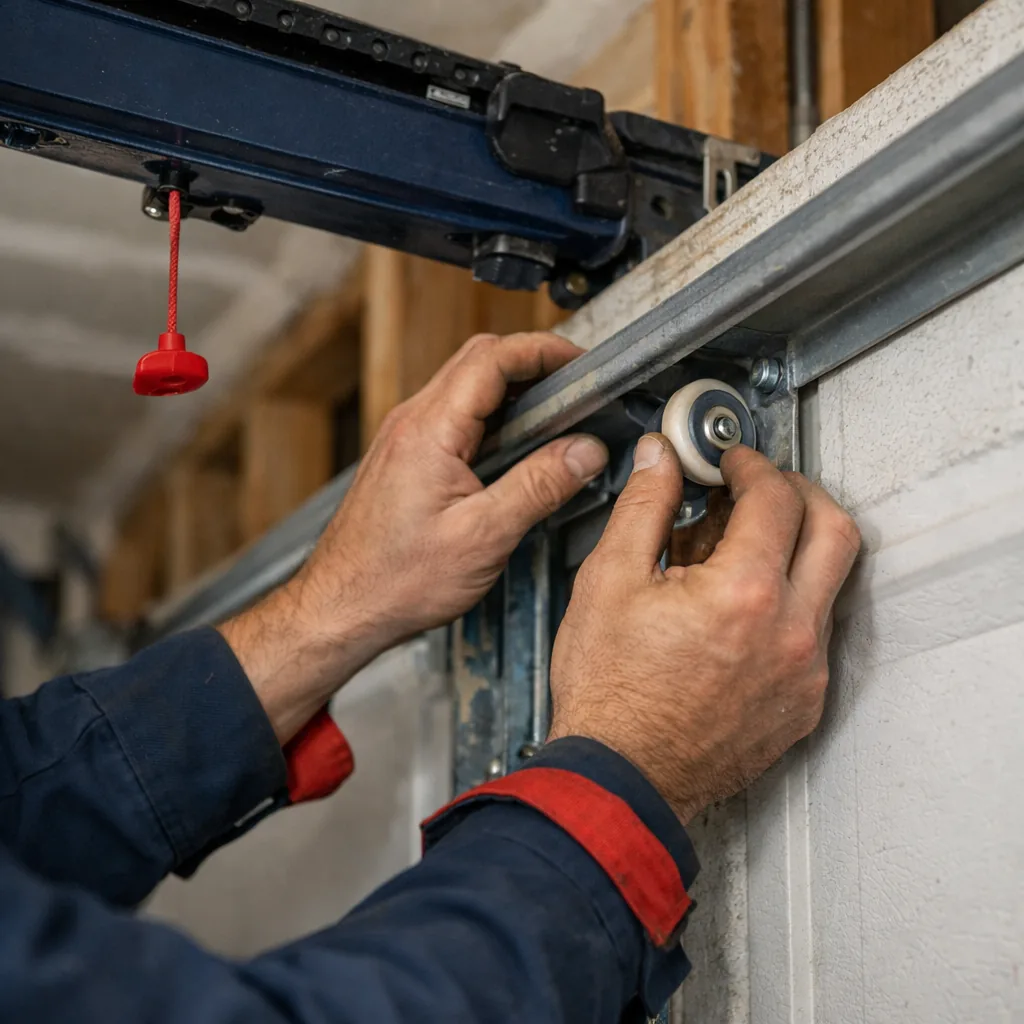 Close-up of a contractor's hands inspecting the rollers and track of a residential steel garage door, with the opener rail visible overhead