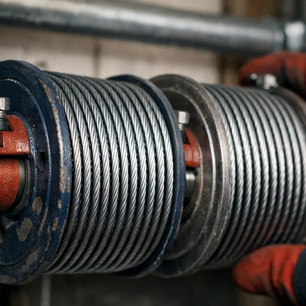 New steel cables seated on both drums with matching tension and clean winding