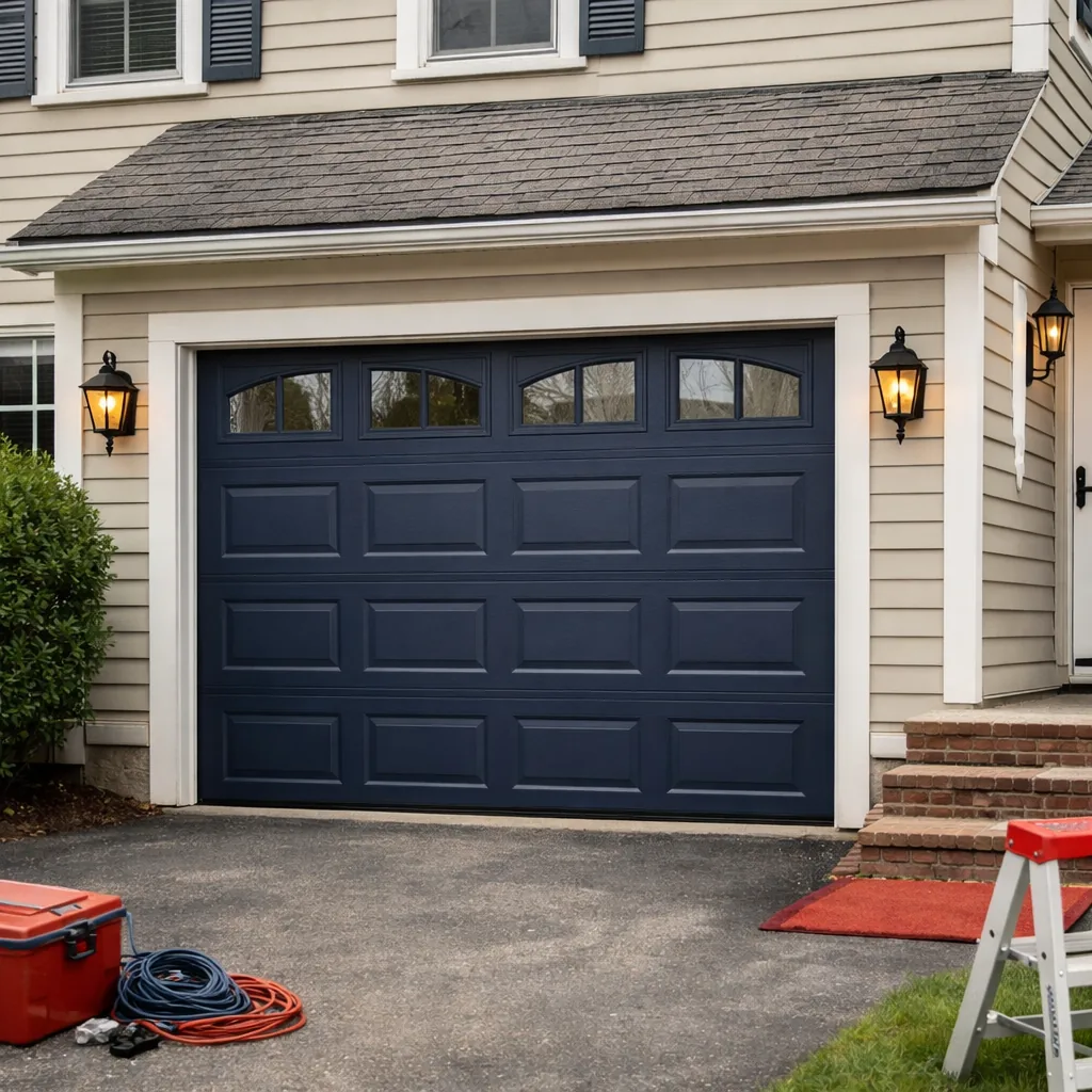 A garage door on a South Shore style colonial home, closed and perfectly level after repair