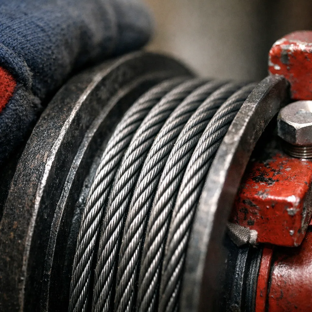 Cable seated on the drum: close-up of a lift cable properly seated in the grooves of a cable drum