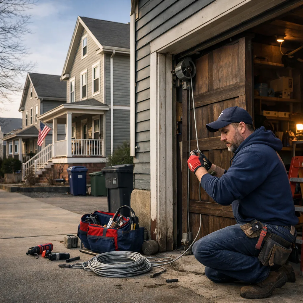 A contractor replacing a lift cable on a wooden-panel garage door at a two-family house