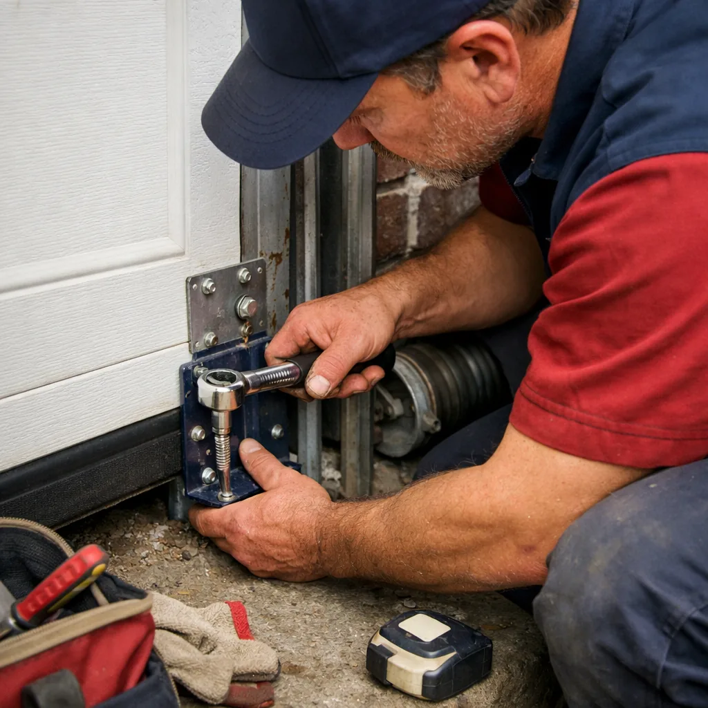 Bottom bracket replacement: a contractor tightening a bottom bracket at the corner of a garage door