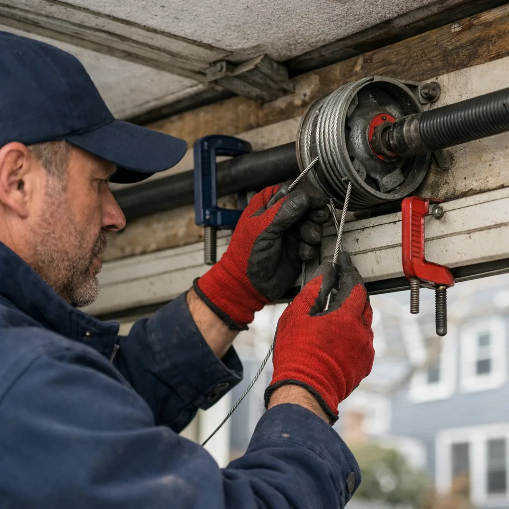 A contractor easing a garage door cable back onto its drum with the door held open by clamps