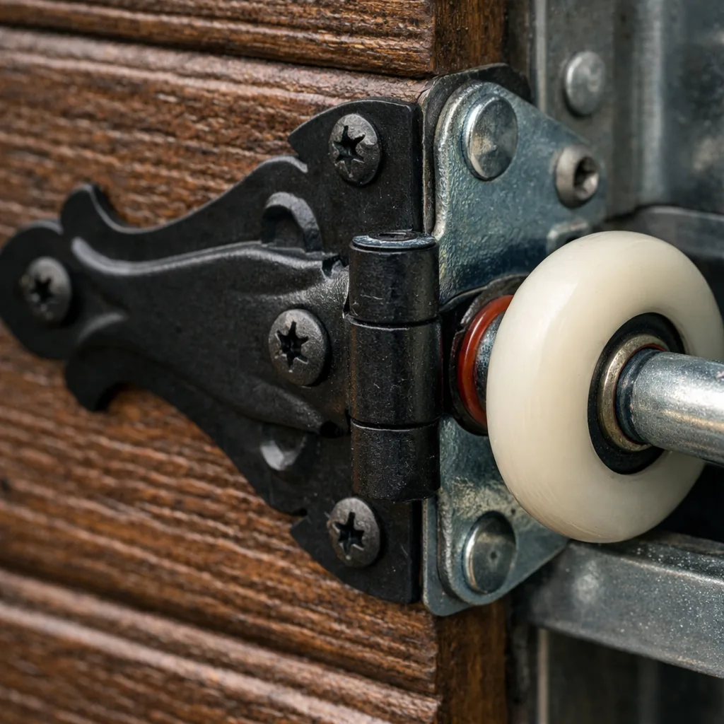 Close-up of a new decorative hinge and fresh roller on a wood-look garage door section