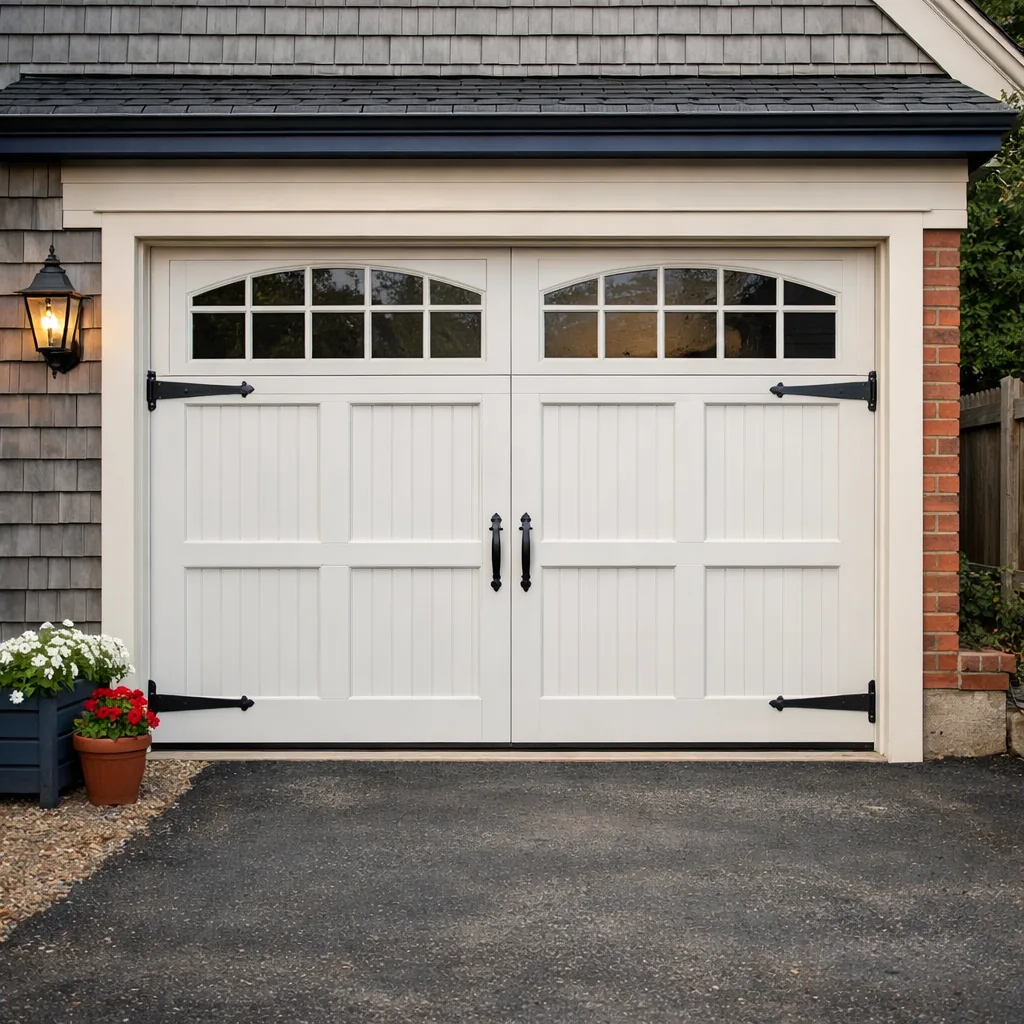 A restored carriage-style garage door with black hardware, closed, on a traditional house with a paved driveway