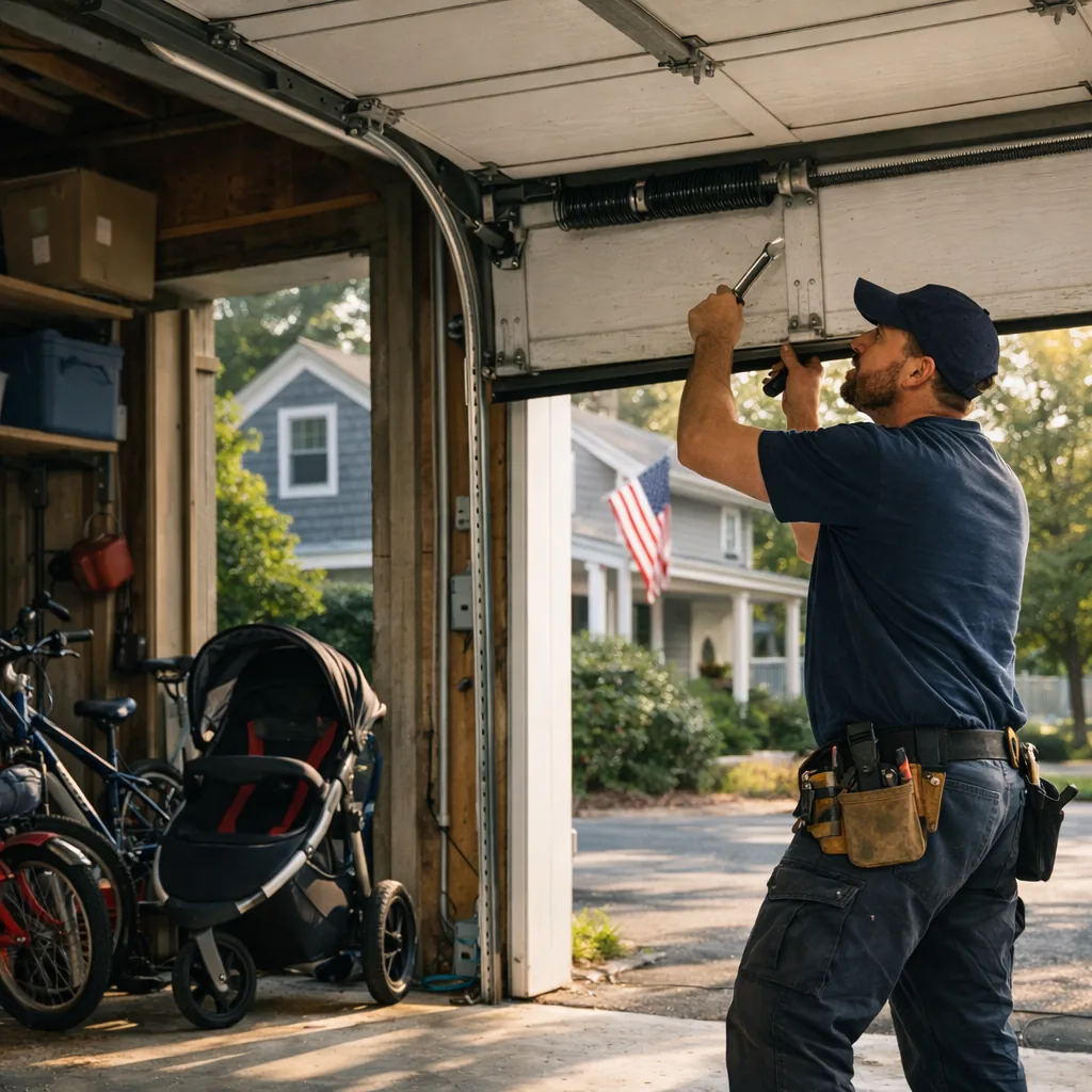 A contractor adjusting a sectional garage door at a suburban family home with bikes and a stroller parked in the garage