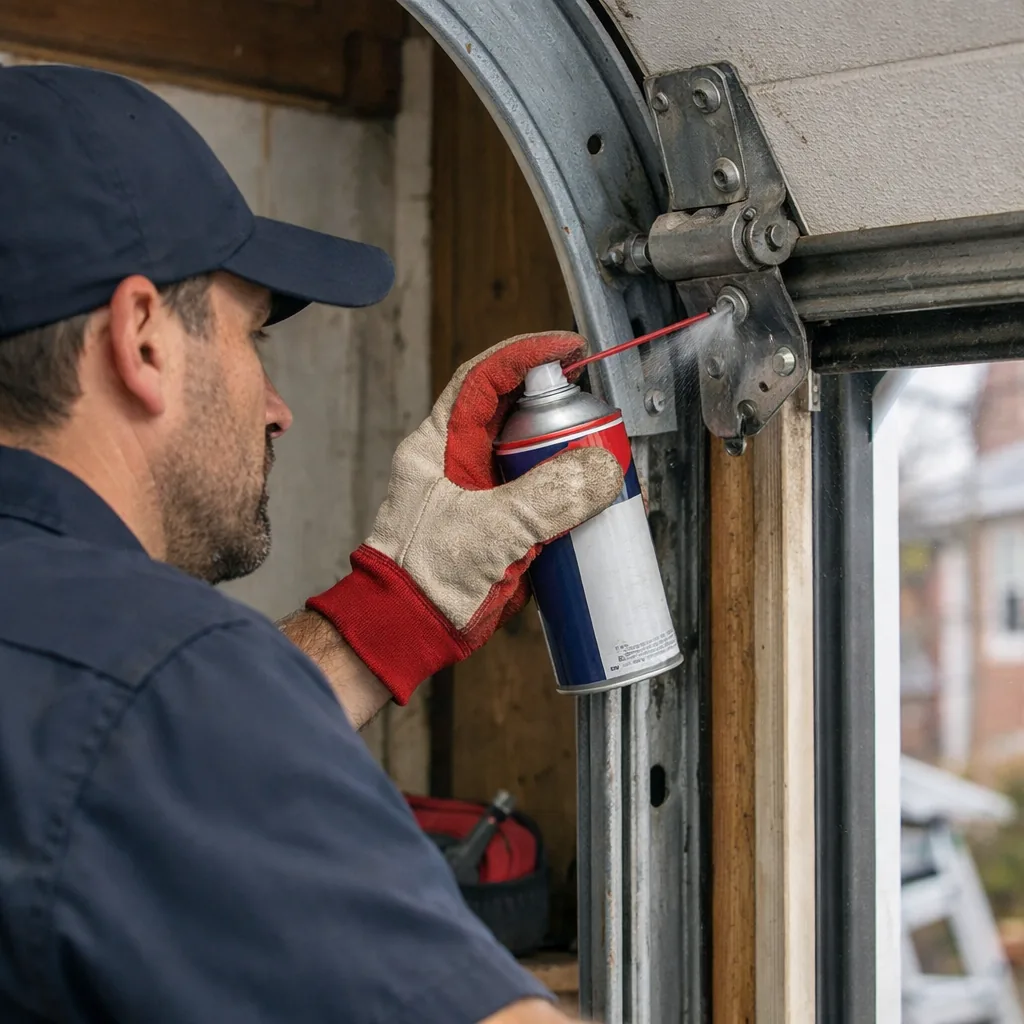 A contractor lubricating rollers and hinges on a garage door track with a spray can