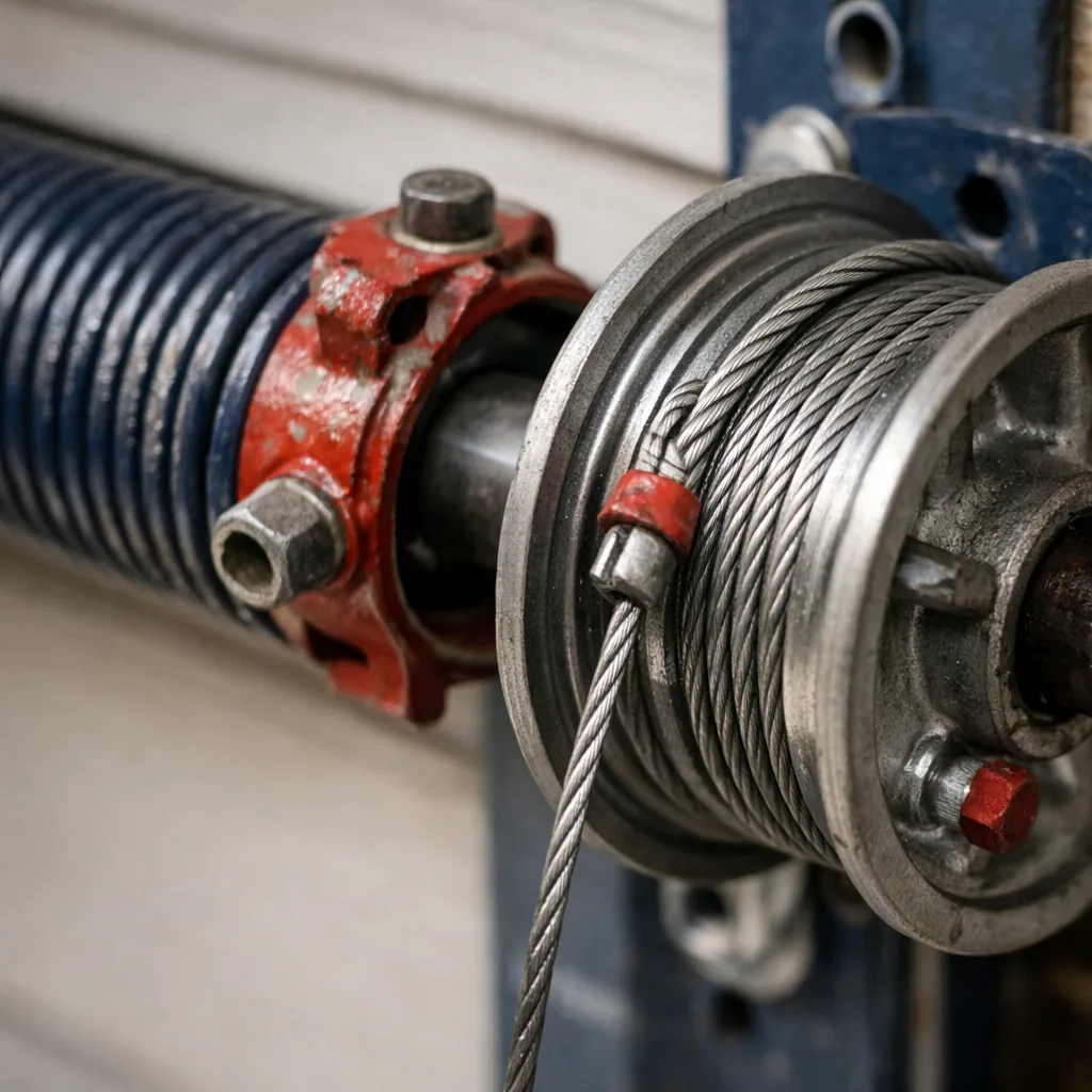 Close-up of a garage door torsion spring and cable drum on a freshly serviced door