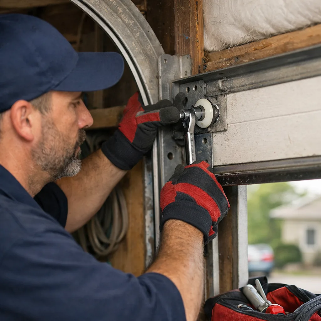 A contractor replacing a roller on a residential garage door track in a suburban garage
