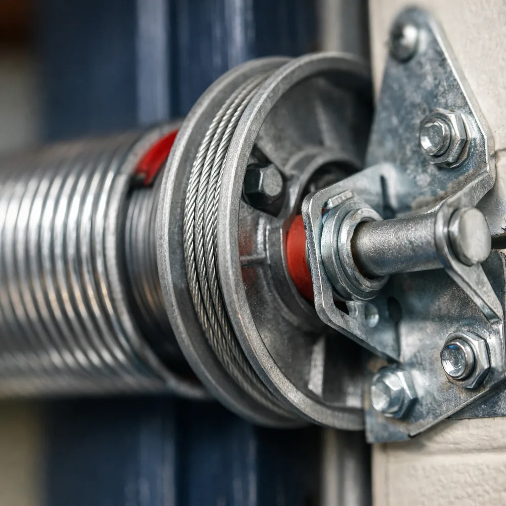New galvanized springs, cable drums and hinges installed on a garage door, bright metal with no rust