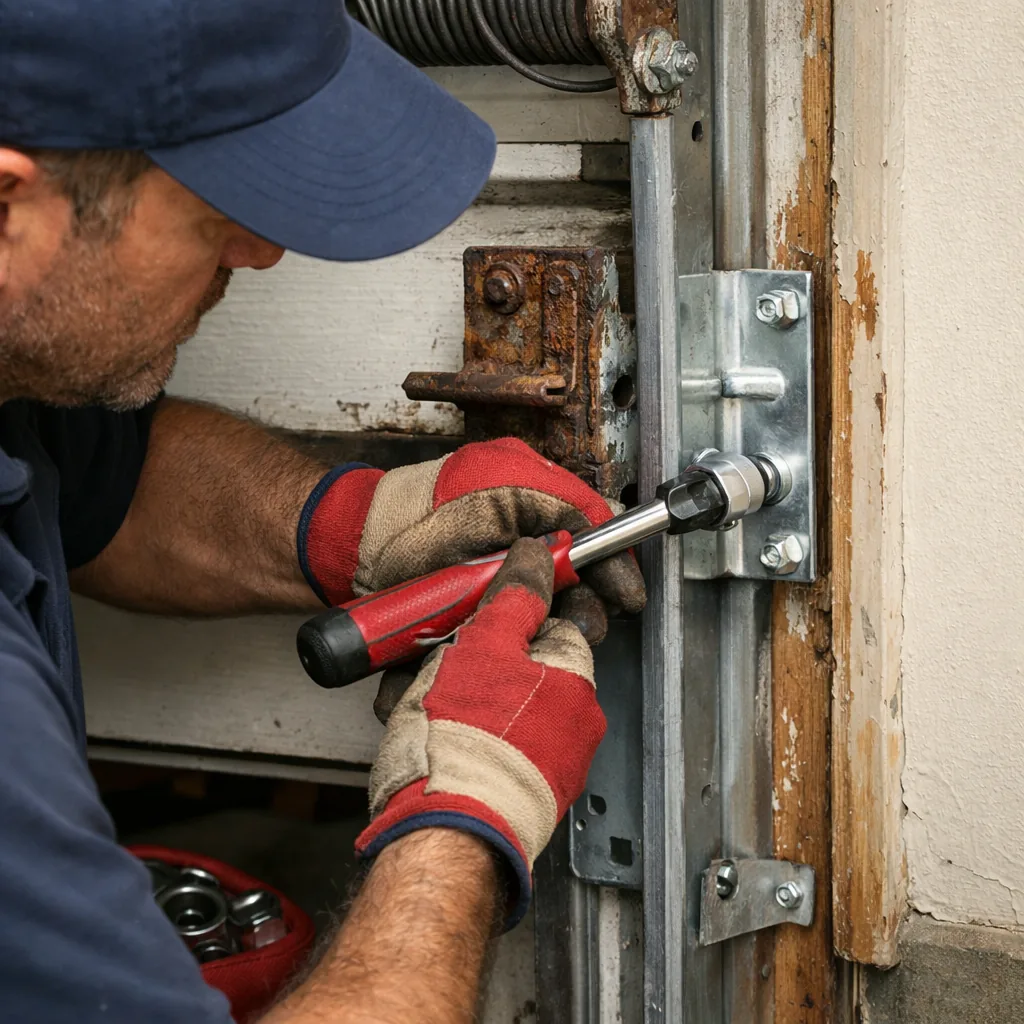 A contractor replacing a corroded track bracket with a new steel bracket