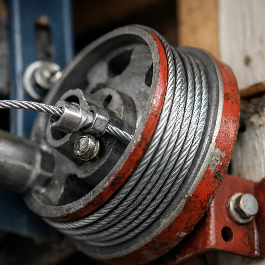 Close-up of a garage door lift cable and drum with a freshly replaced cable