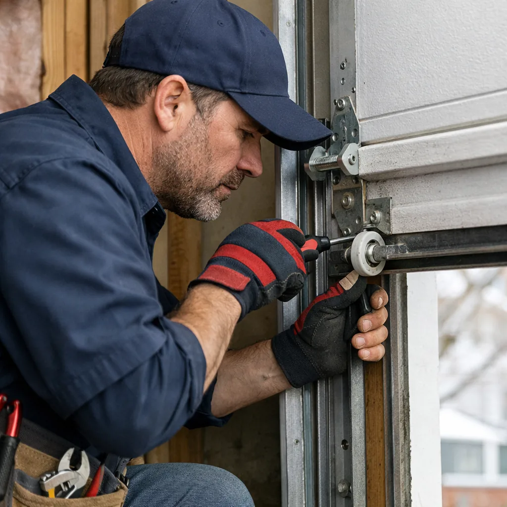 A contractor tightening a hinge and checking a roller on a residential garage door track