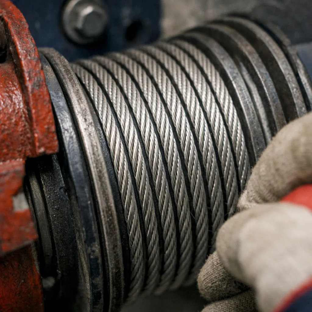 Cable wound on the drum: a cable drum with a freshly installed lift cable wound neatly into the grooves