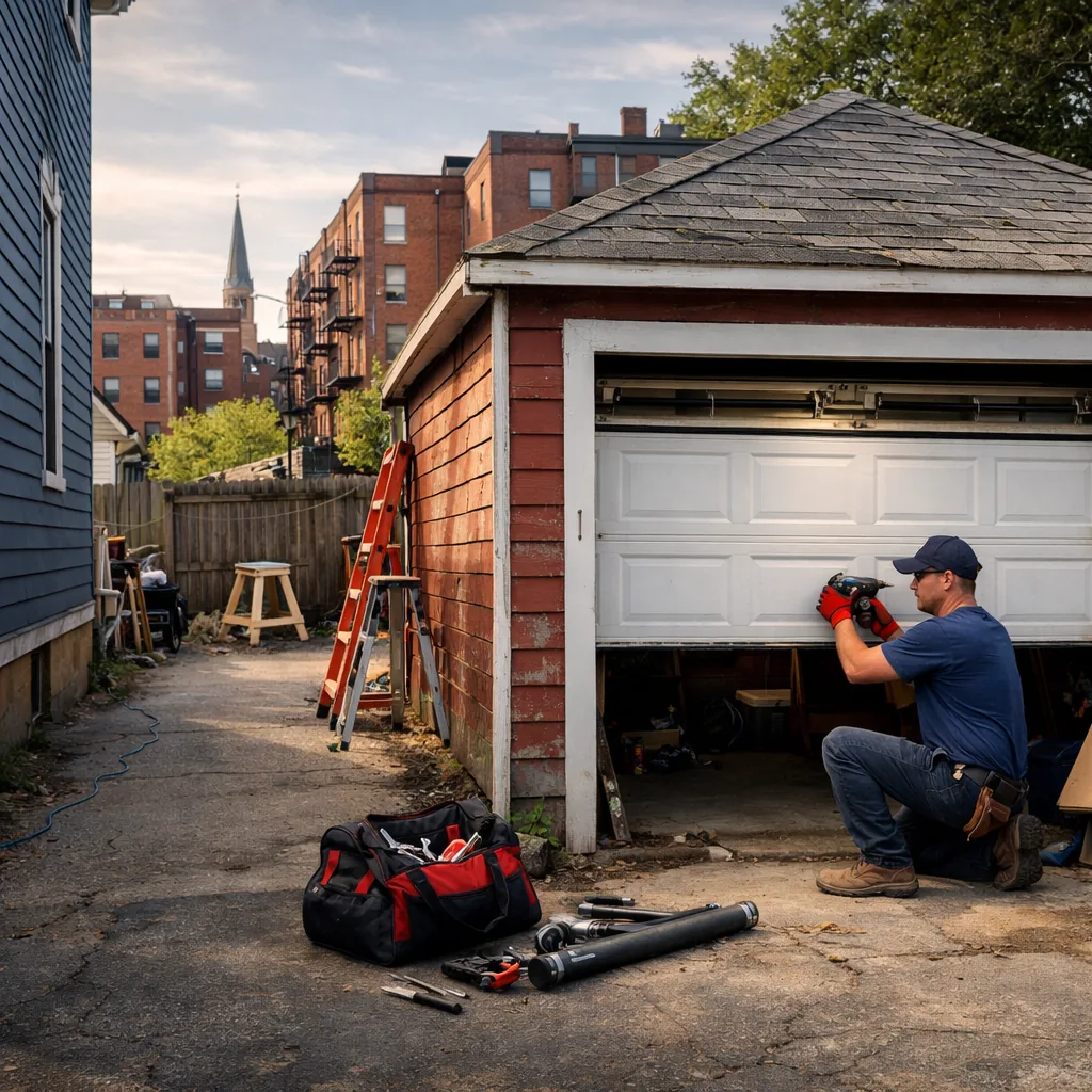 A contractor working on a garage door at the rear of a city lot with a narrow driveway beside the house