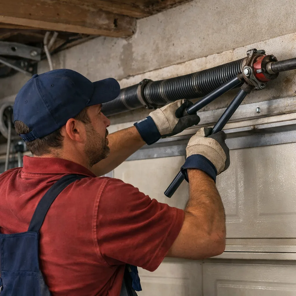 A contractor winding a torsion spring with two winding bars above a closed garage door