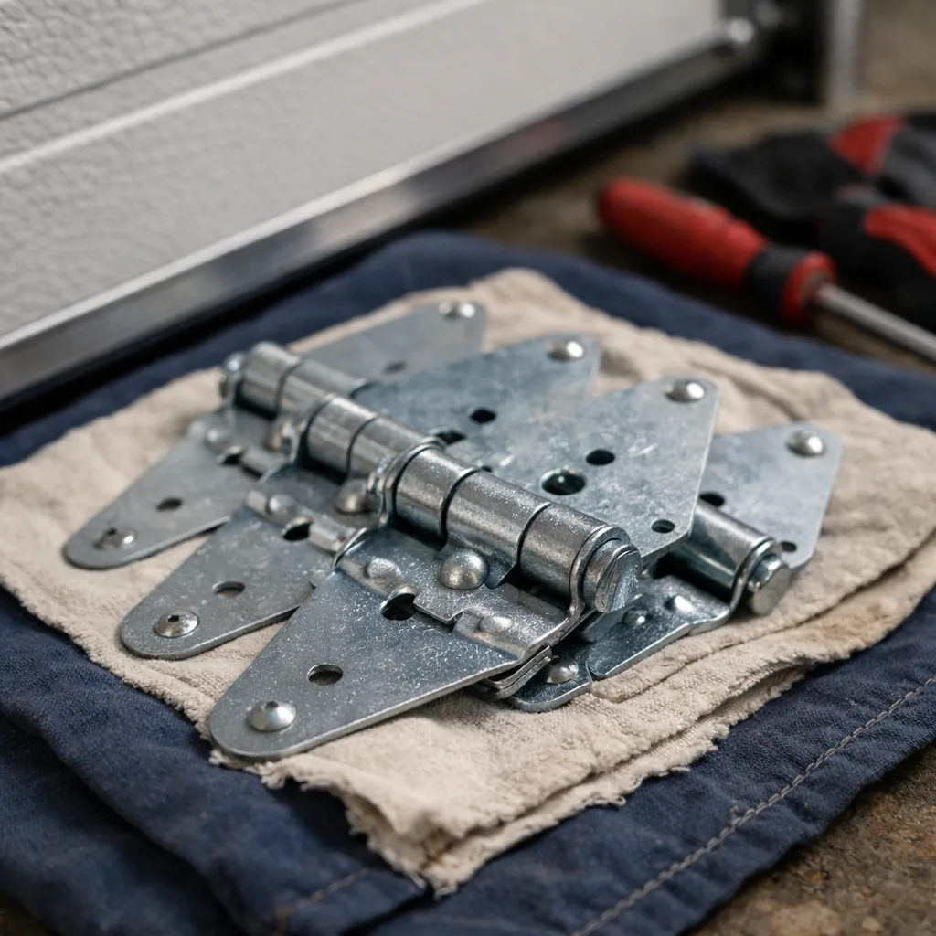 Replacement hinges: a new set of numbered steel hinges laid out beside a garage door panel