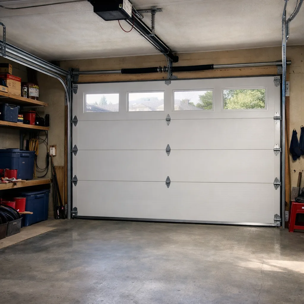 A door with fresh hardware: a large suburban garage with a straight, smooth-running door and clean tracks