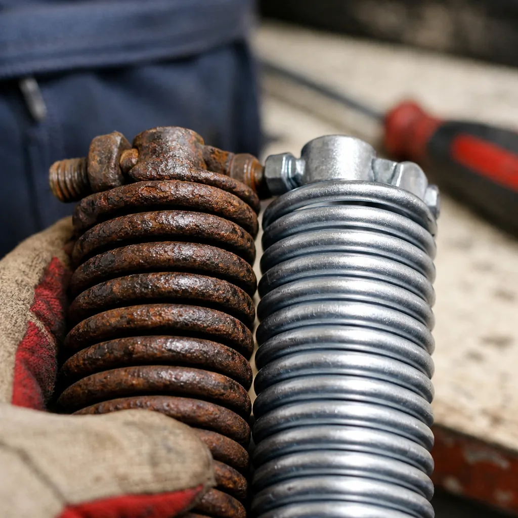 Rusted spring beside a replacement: close-up comparison of a rusted spring beside a new galvanized spring