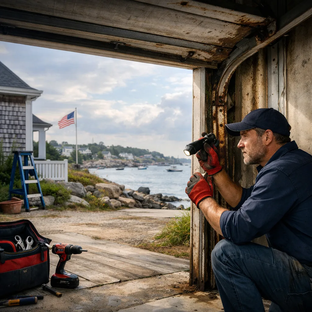 A contractor inspecting rusted track hardware on a garage door of a coastal New England house