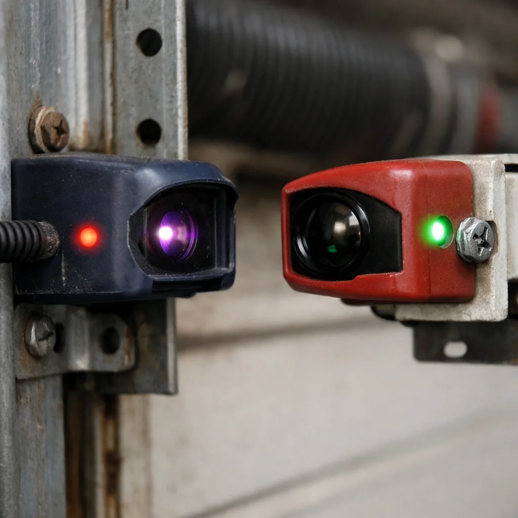 Close-up of a matched pair of photo-eye sensors on a garage door track with steady indicator lights