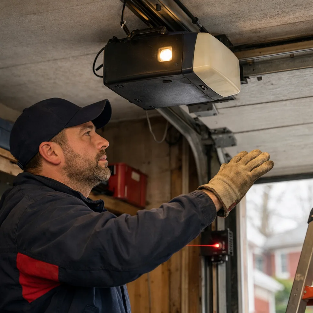 A contractor testing the beam by waving a hand across the doorway while the opener light is watched