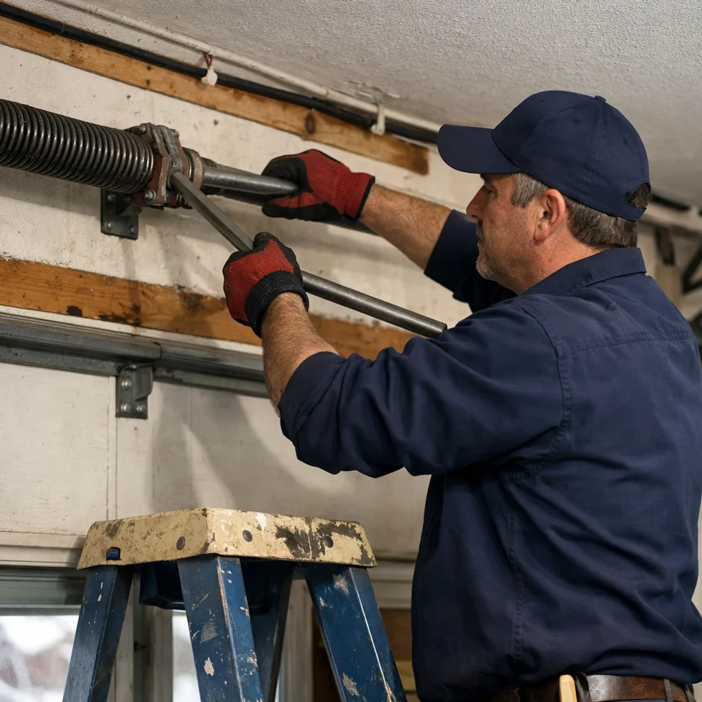 A contractor winding a torsion spring with two winding bars while standing on a stepladder in a residential garage