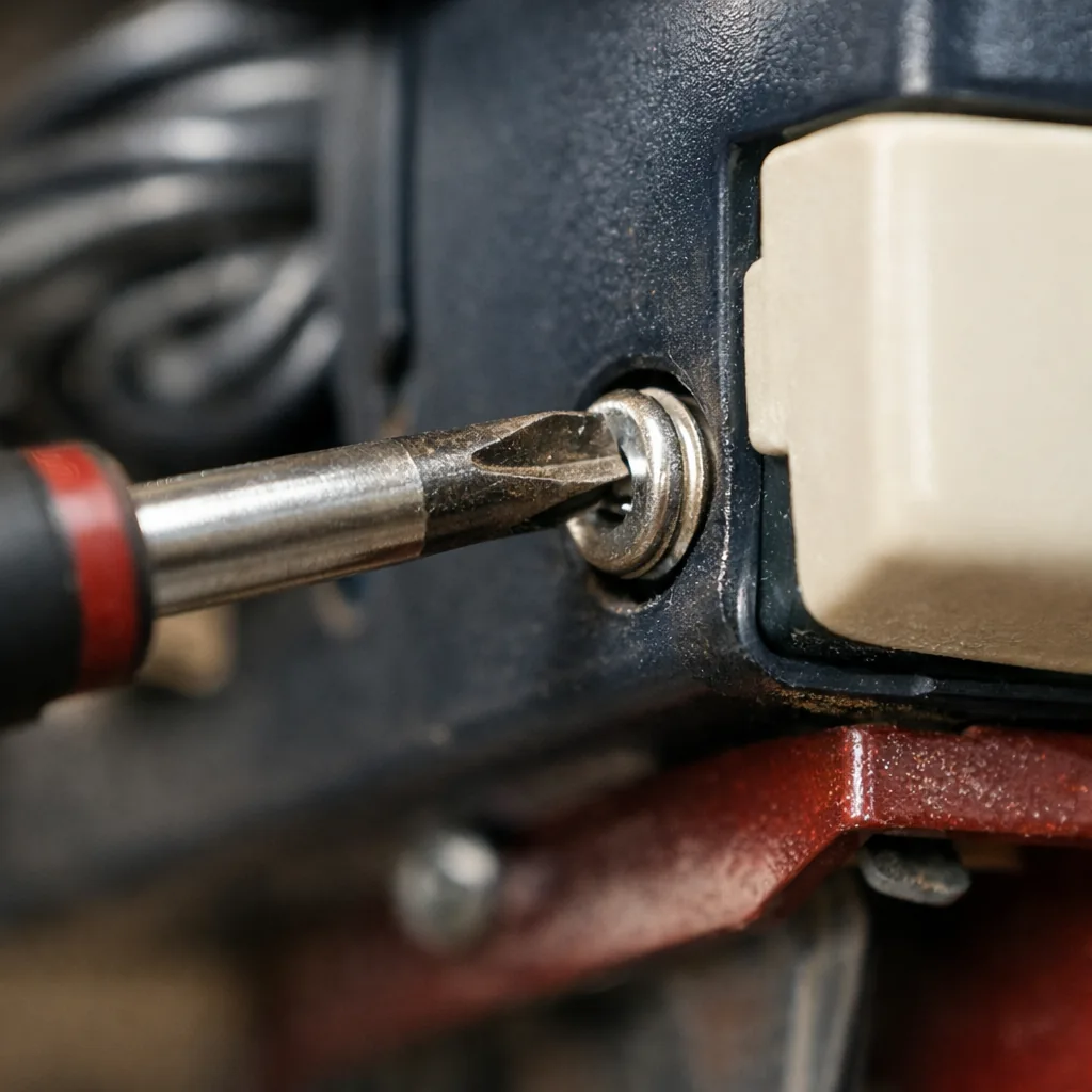 Close-up of an opener's limit adjustment dials and a technician's hand with a screwdriver
