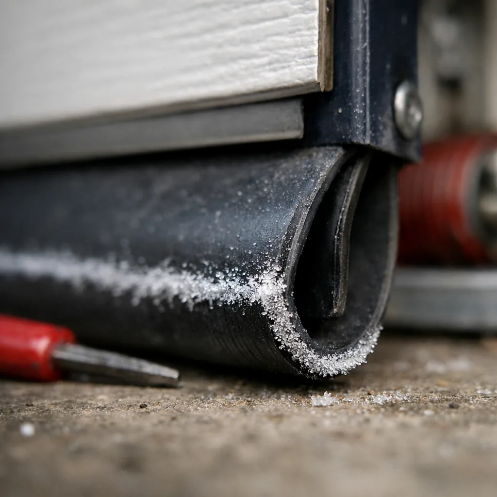 Close-up of a rubber bottom seal on a garage door with a light frost along the edge