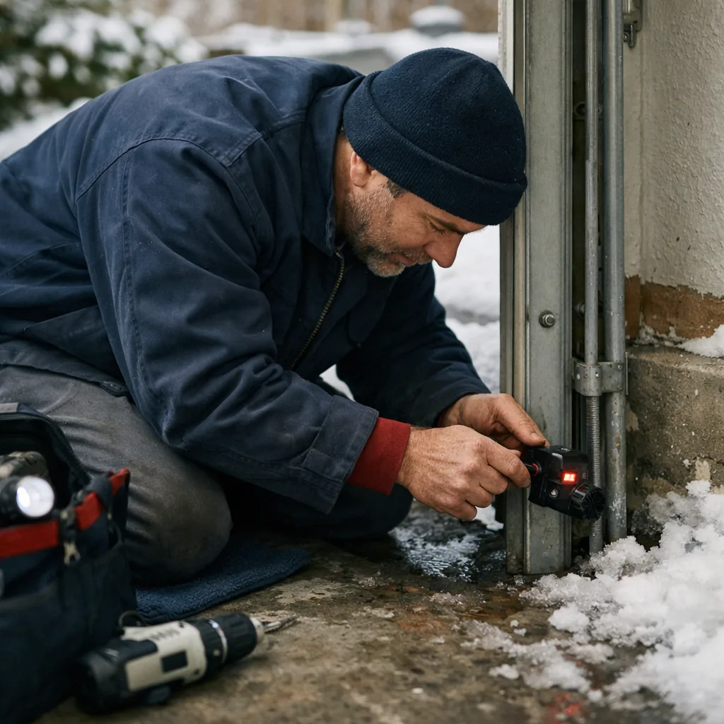 A contractor adjusting a garage door safety sensor near the floor of a snowy residential garage entrance