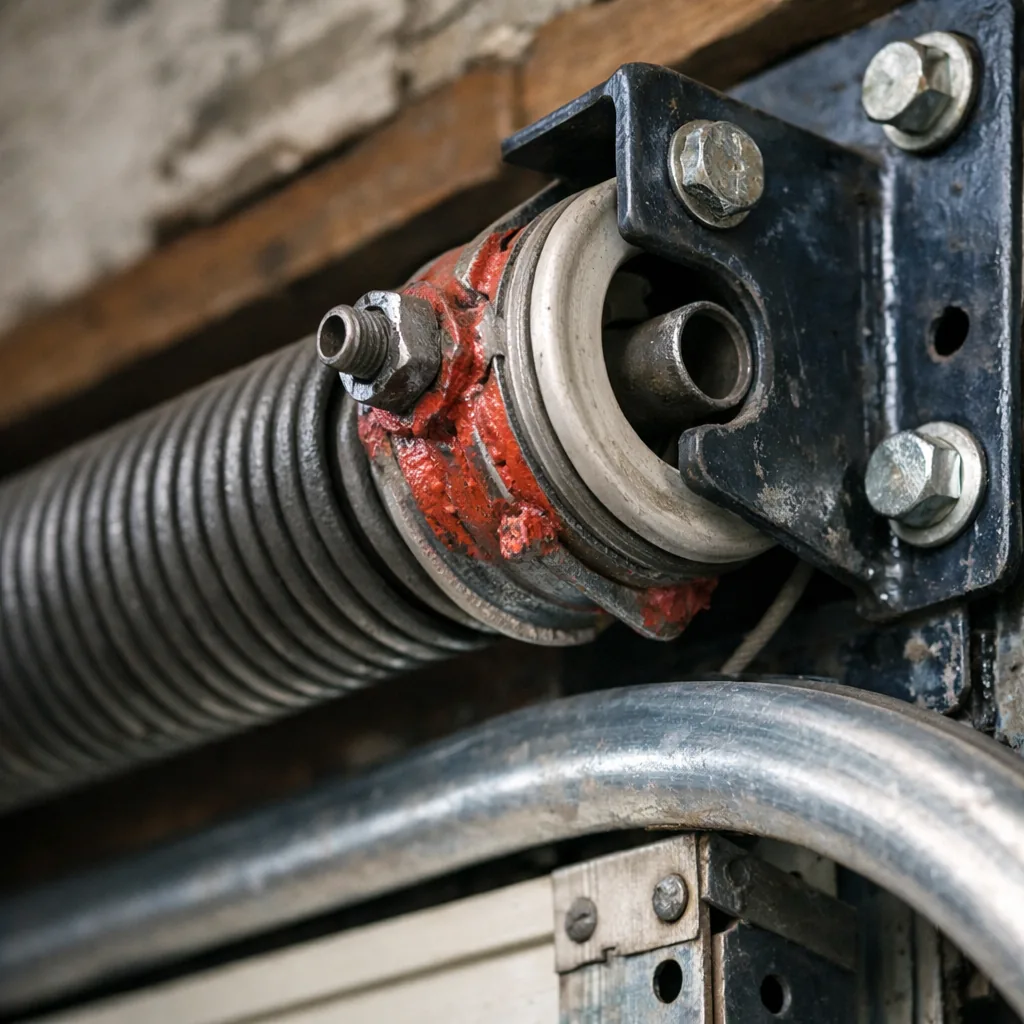 Close-up of the barrel and counterbalance spring bracket above an open roll up door