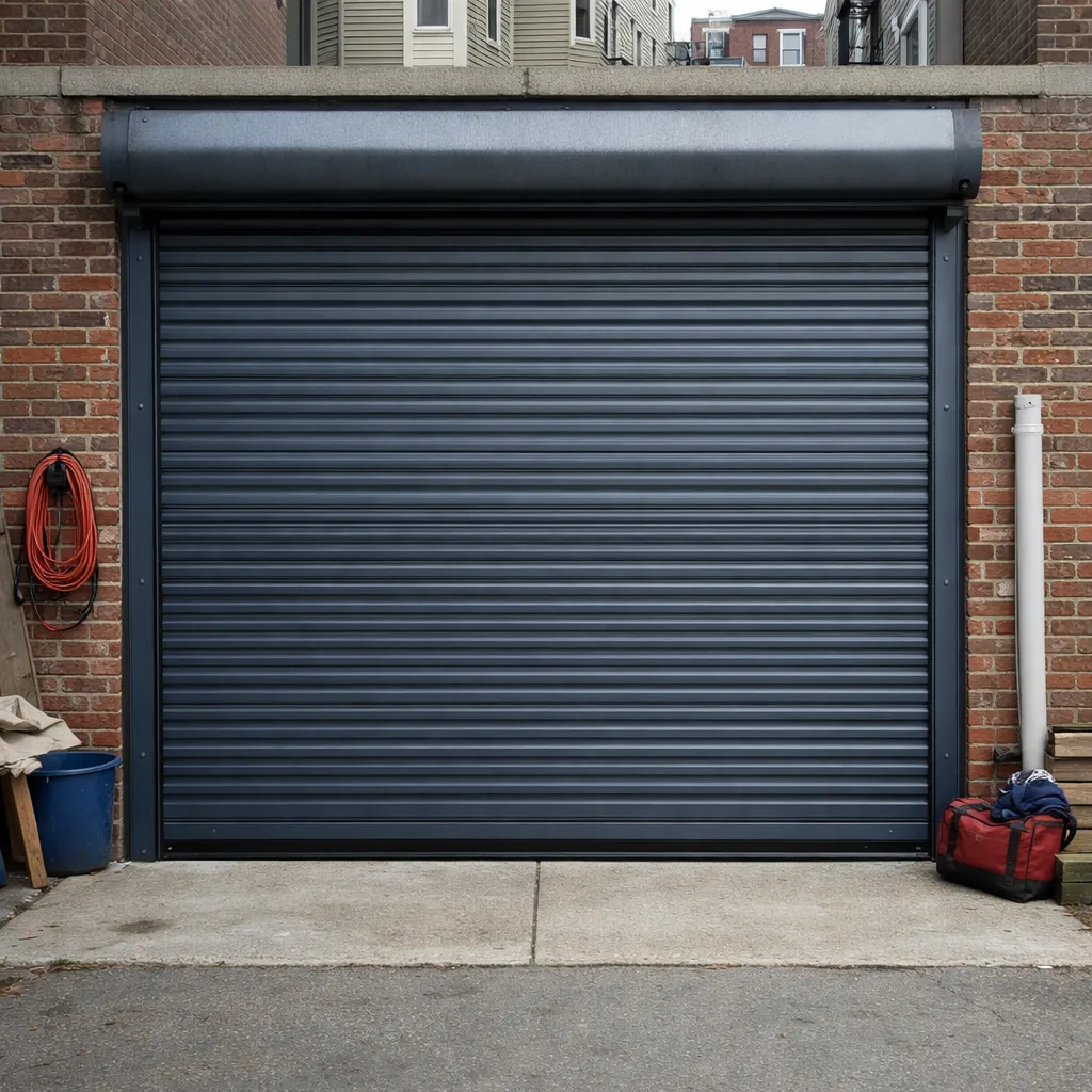 A steel roll up door fully closed and aligned in its guides on a masonry building
